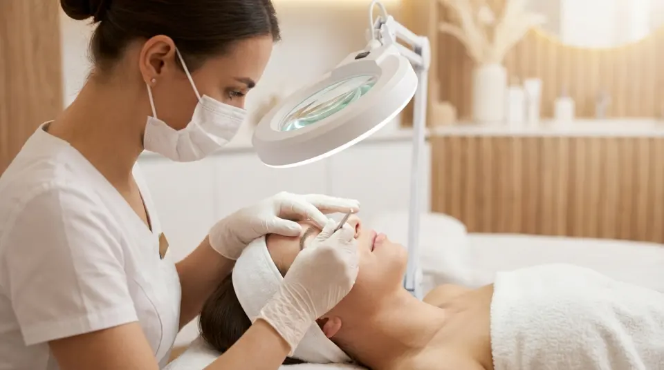 Profissional realizando limpeza de pele em uma cliente