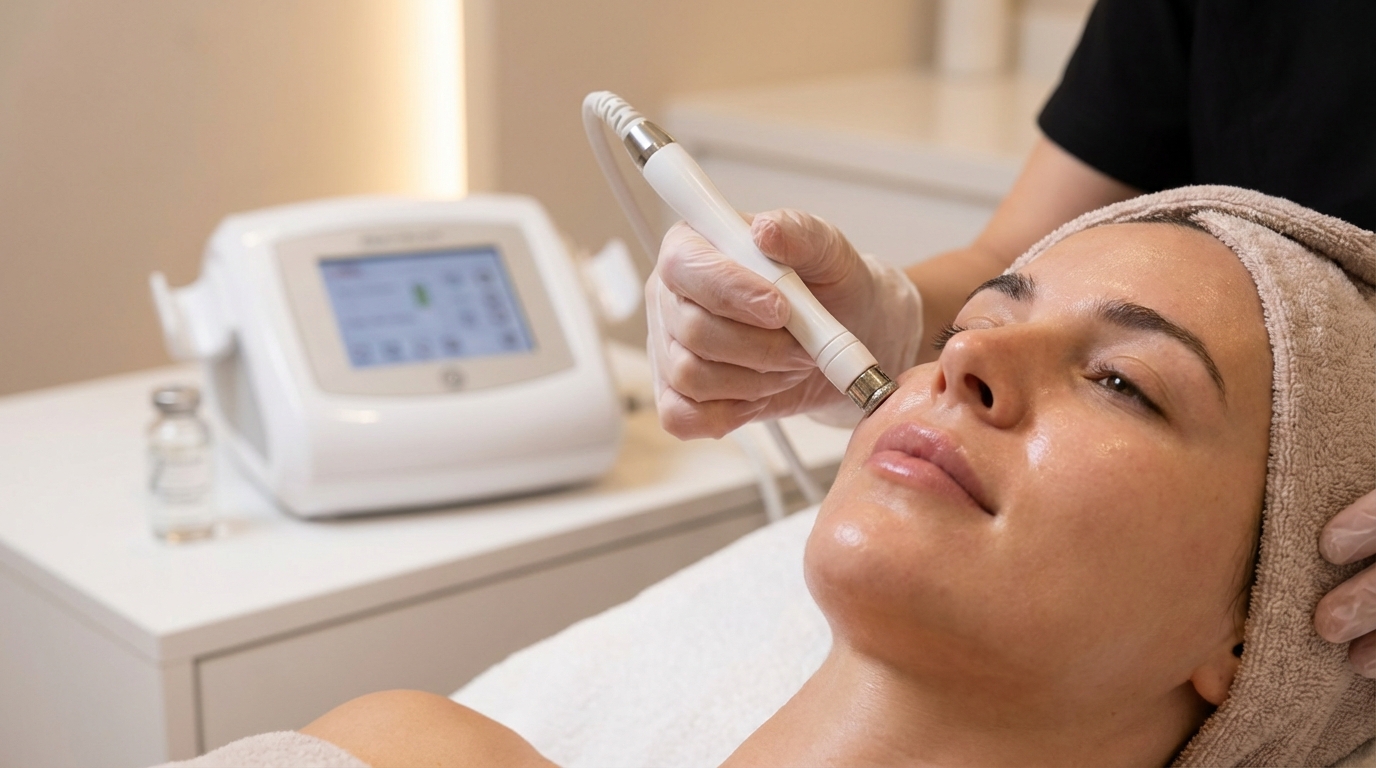 Profissional aplicando peeling facial em uma cliente