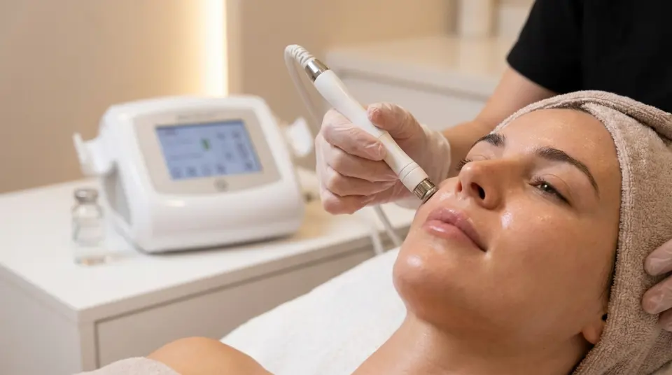 Profissional aplicando peeling facial em uma cliente