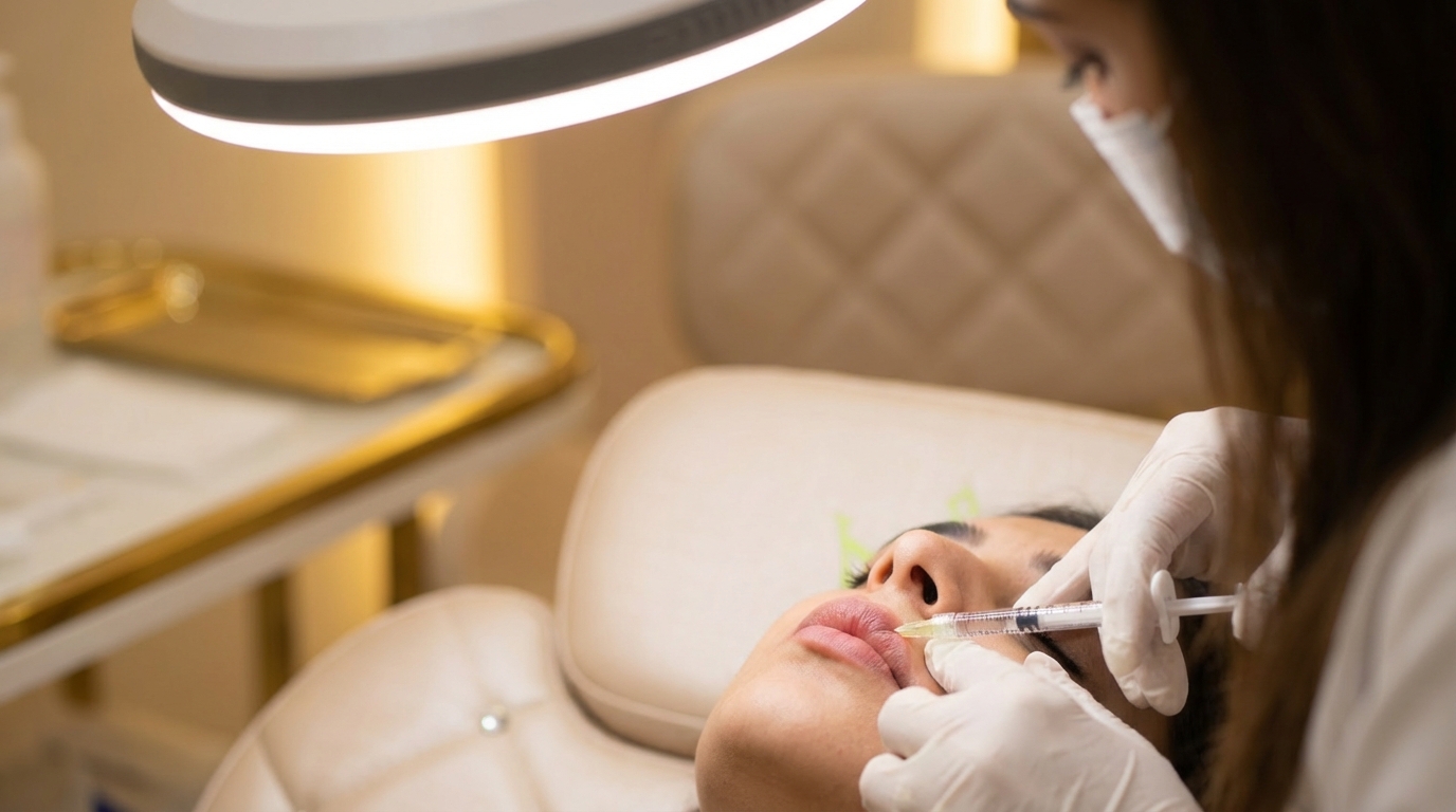 Profissional realizando preenchimento labial em uma cliente