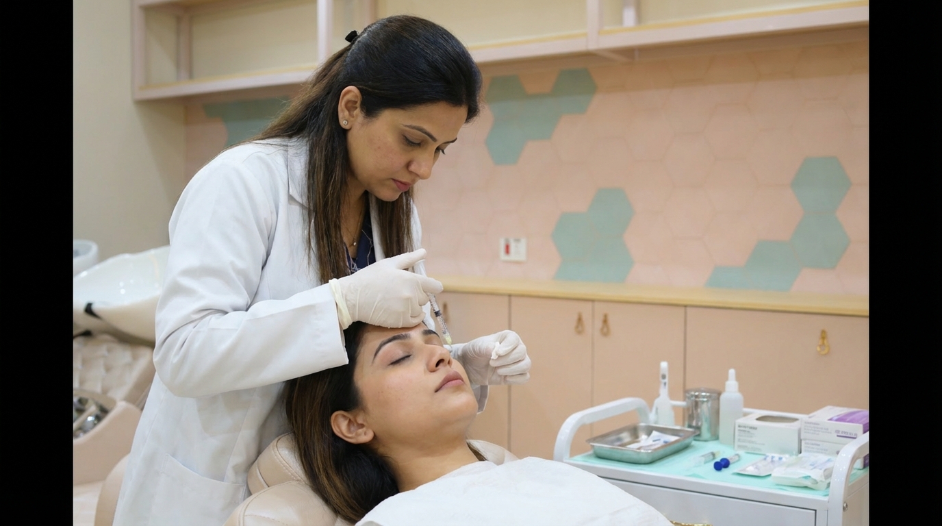 Aplicação de toxina botulínica no rosto de uma cliente